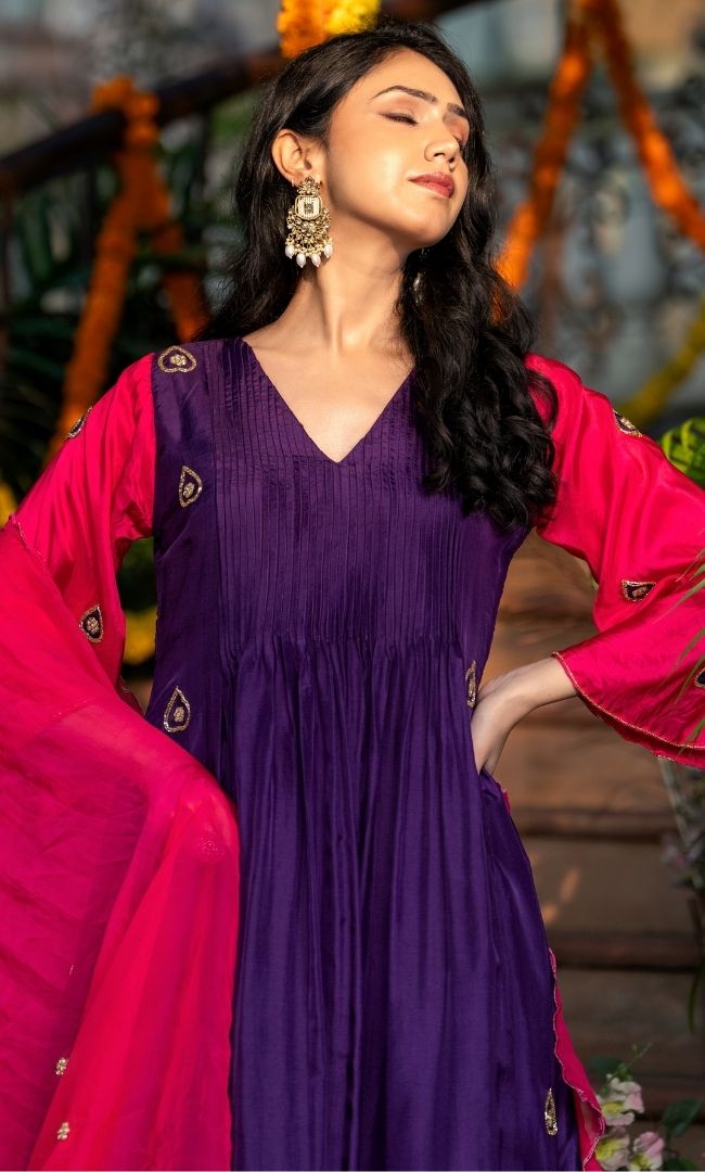 Dark Purple & Pink Embroidered Suit Set