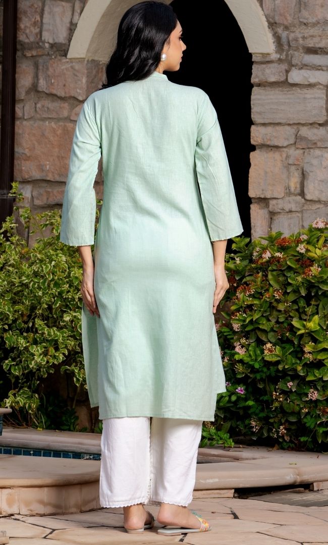 Pista Green Embroidered Kurti