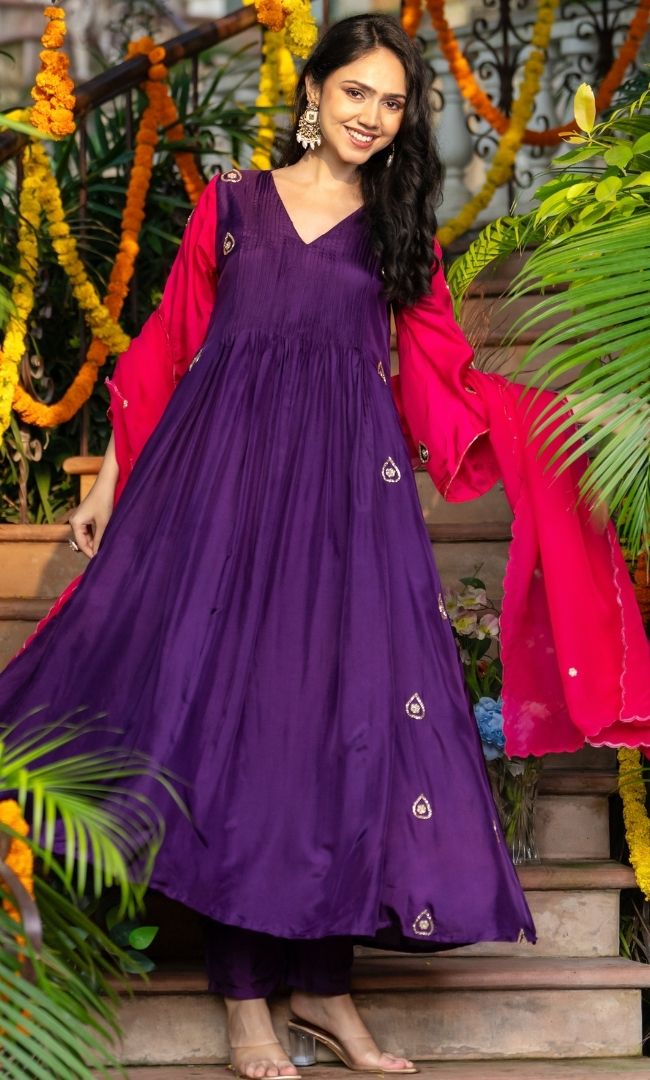 Dark Purple & Pink Embroidered Suit Set
