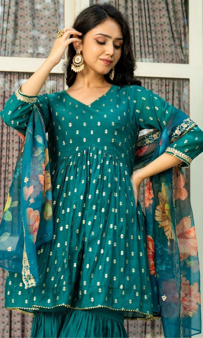 Pine Green Chanderi Sharara Set