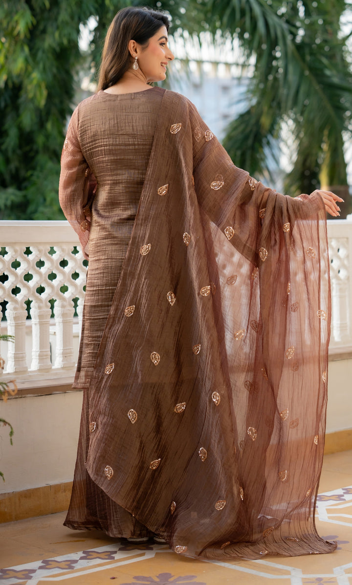 Brown Tissue Sequence Suit Set