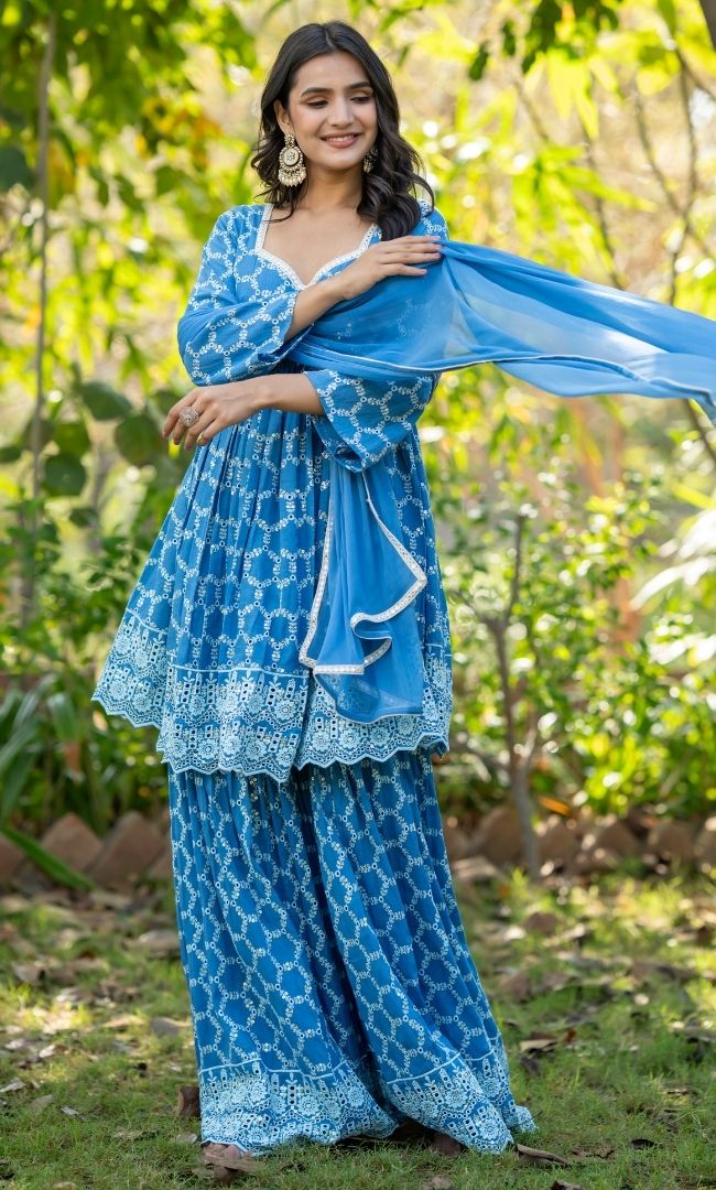Blue Chikankari Sharara Set