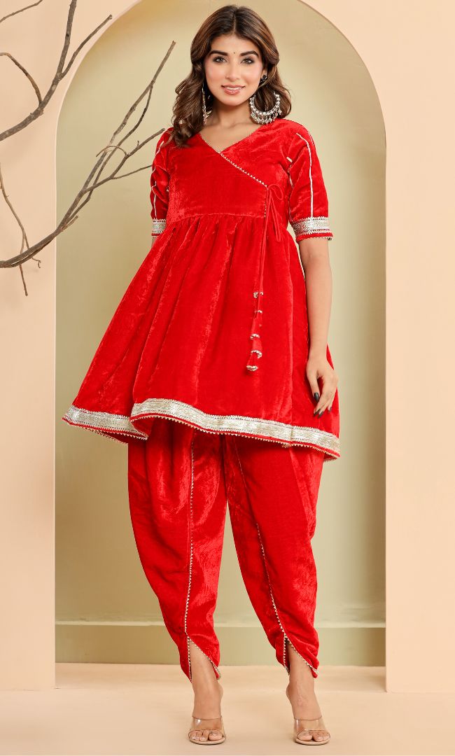 Ruby Red Velvet Angrakha set