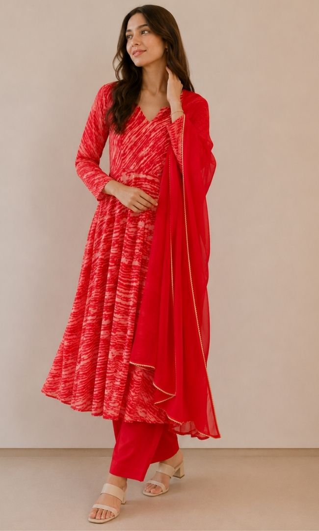 Red Striped Leheriya Anarkali Set