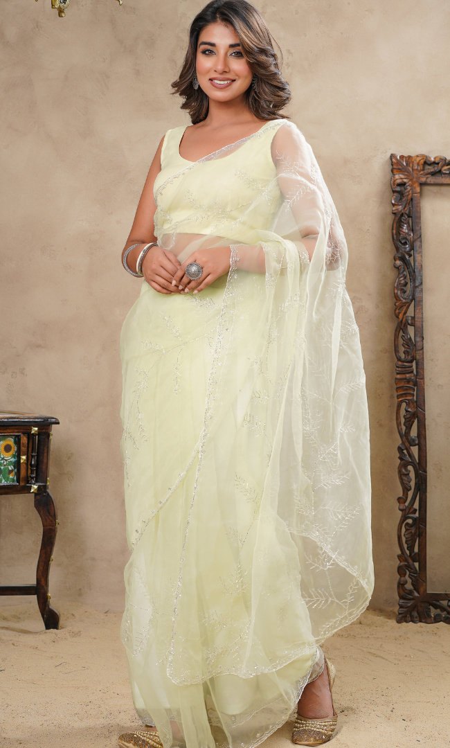 Green Leafy Cutdana Work With Wavy Lines Saree