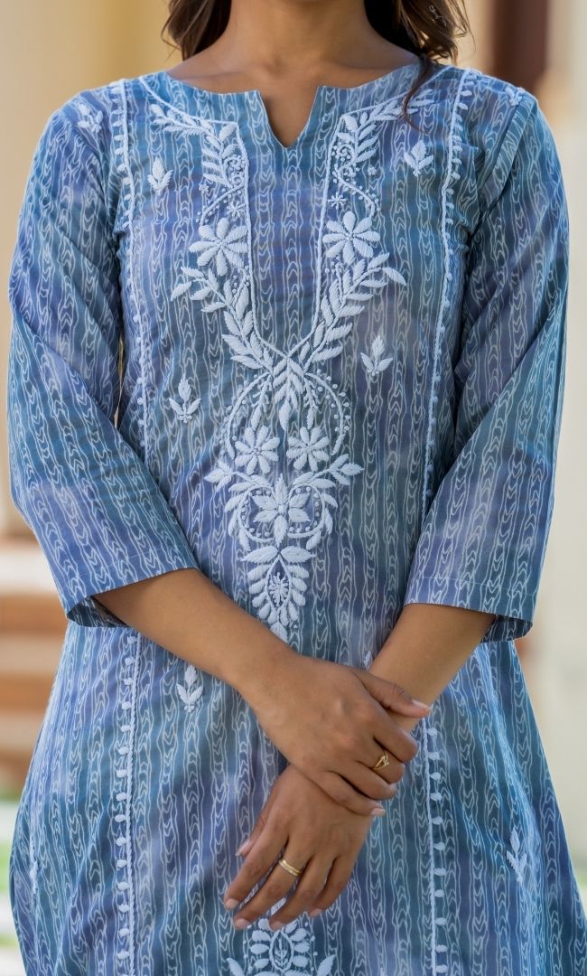 Grey Chikanakri Kurta With Schiffli Pants
