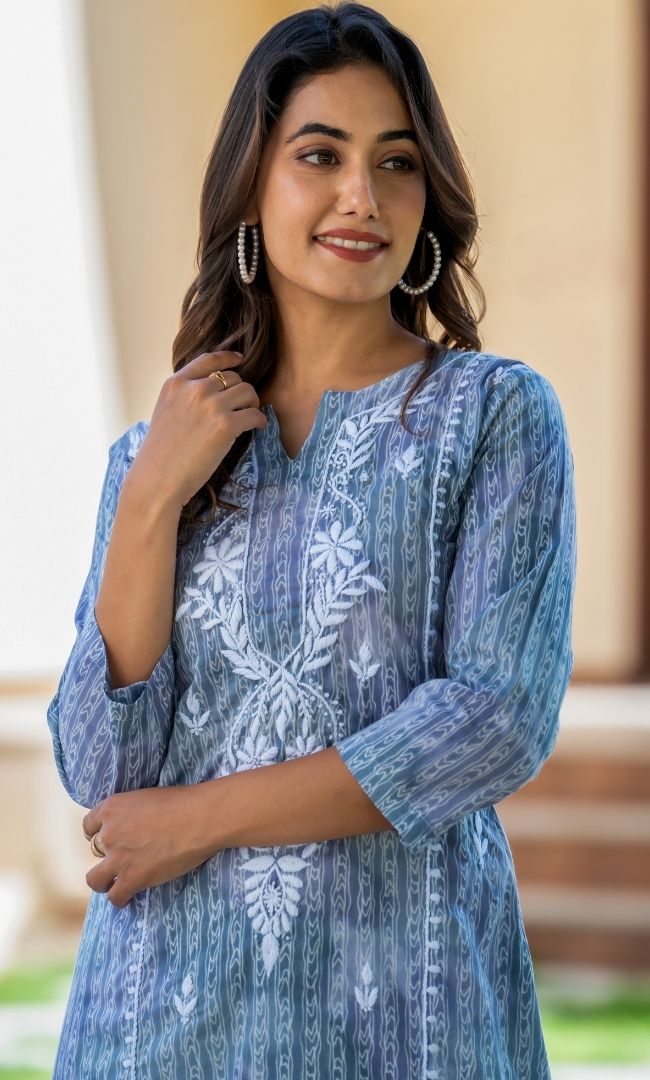 Grey Chikanakri Kurta With Schiffli Pants
