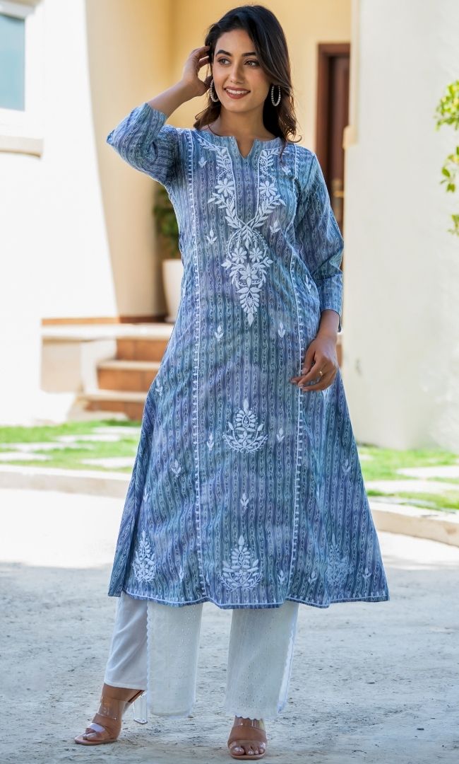 Grey Chikanakri Kurta With Schiffli Pants