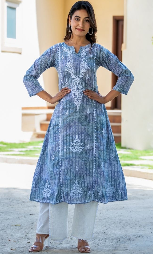Grey Chikanakri Kurta With Schiffli Pants