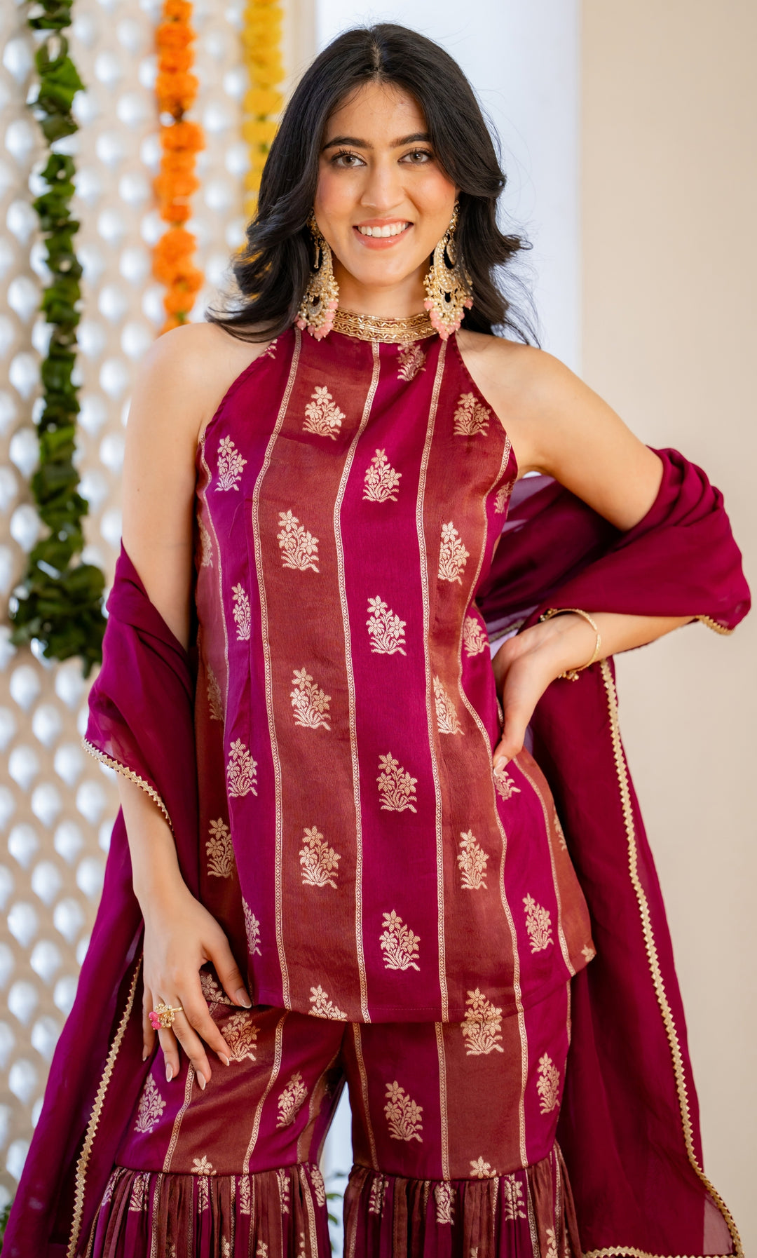 Alira Wine Brocade Sharara Set