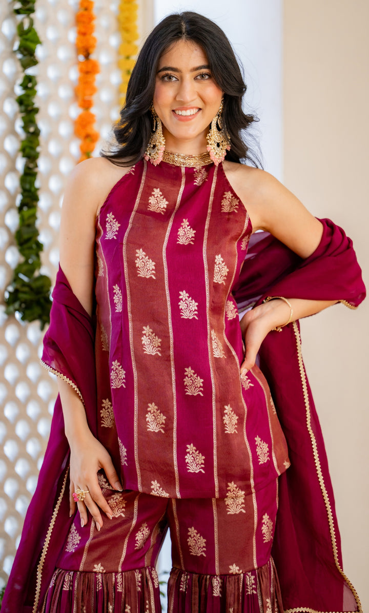 Alira Wine Brocade Sharara Set