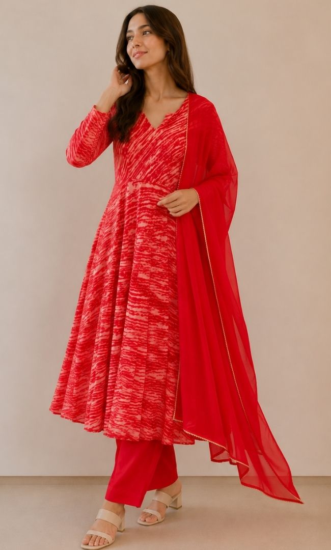 Red Striped Leheriya Anarkali Set