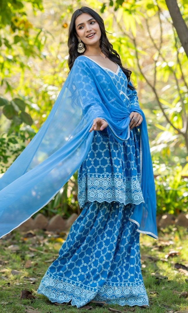 Blue Chikankari Sharara Set