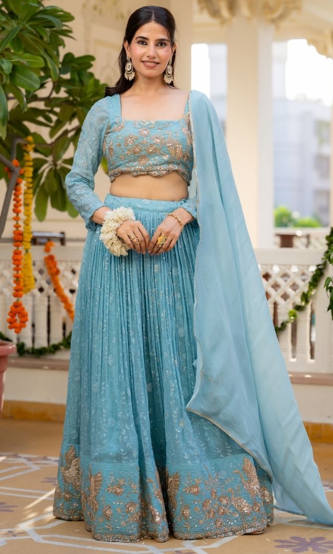 Aasmaani Blue Organza Lehenga Set