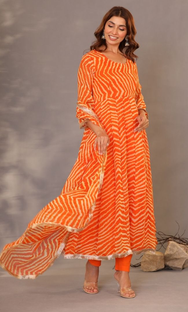 Orange Leheriya Anarkali Set