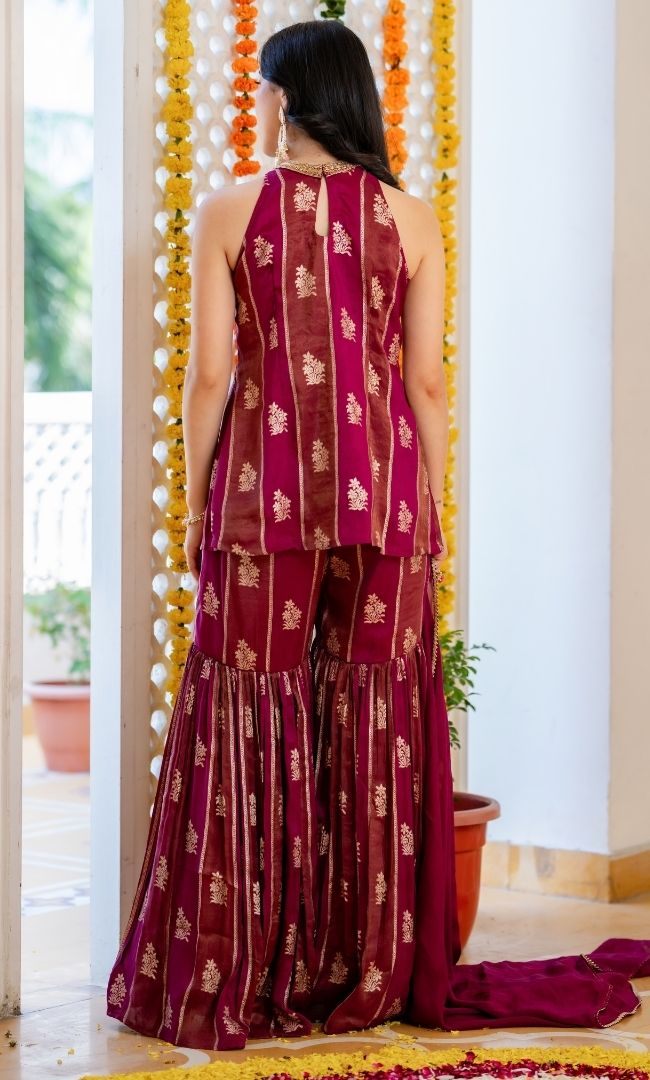 Alira Wine Brocade Sharara Set