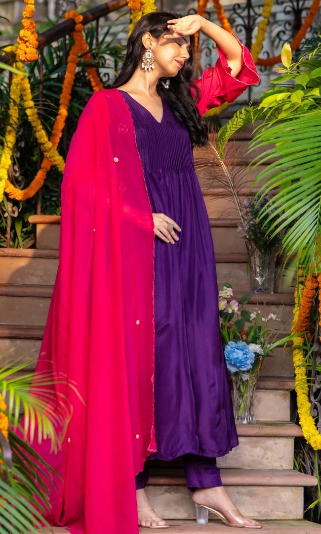 Dark Purple & Pink Embroidered Suit Set