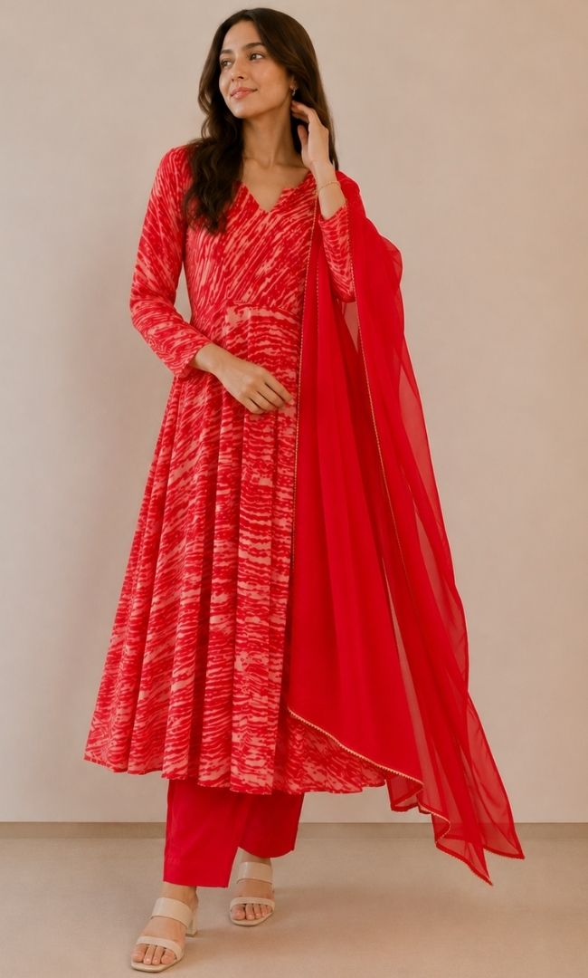 Red Striped Leheriya Anarkali Set