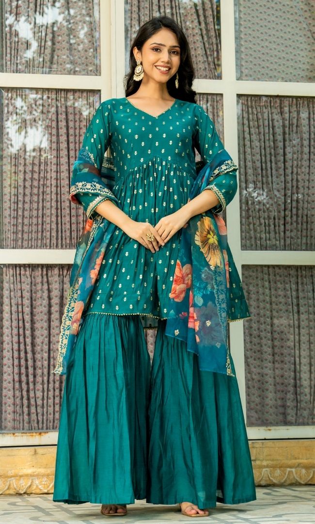 Pine Green Chanderi Sharara Set