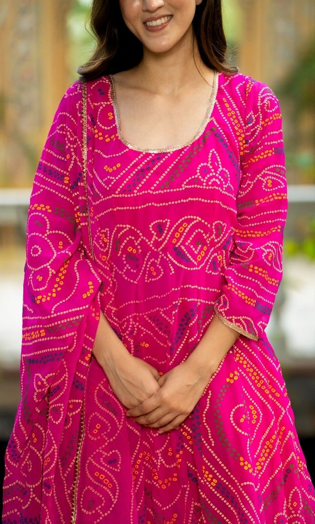 Fuchsia Pink Bandhej Anarkali Set