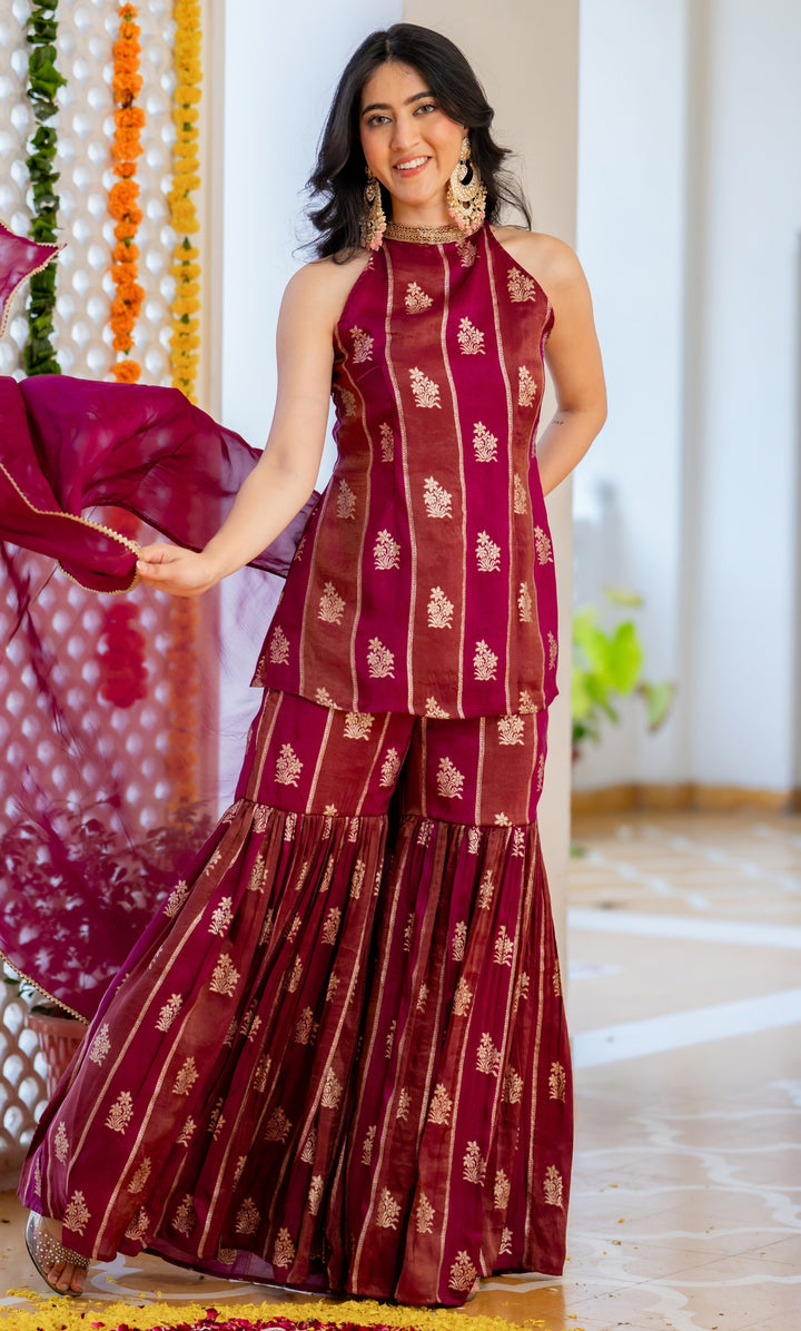 Alira Wine Brocade Sharara Set