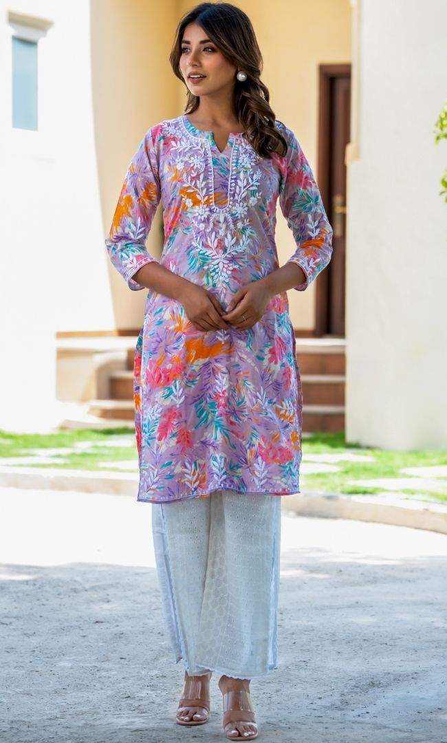 Lucknowi Chikankari Kurta With Schiffli Pants