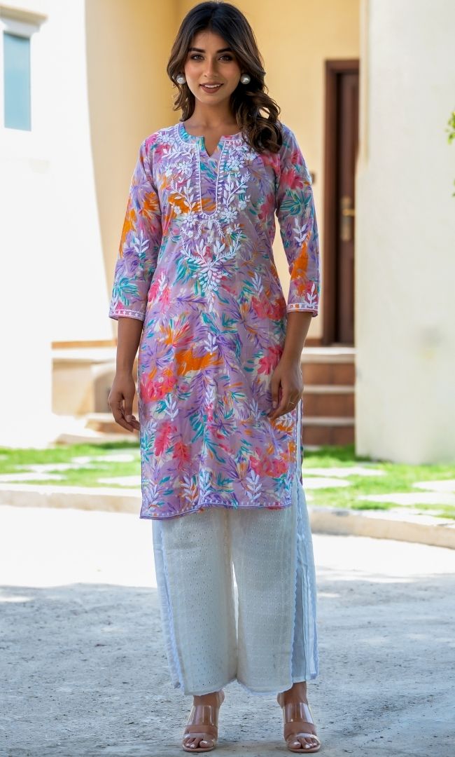 Lucknowi Chikankari Kurta With Schiffli Pants