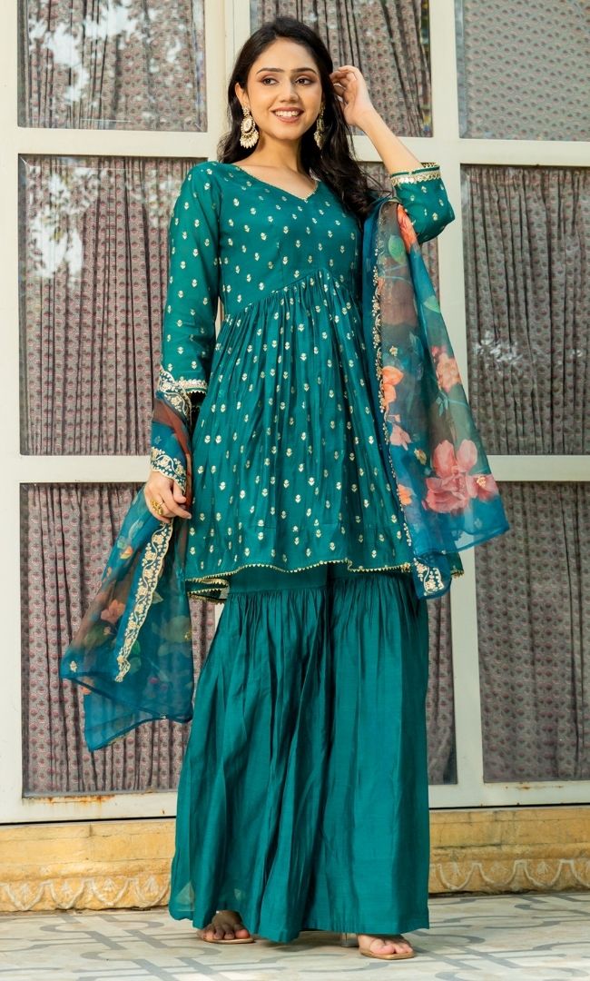 Pine Green Chanderi Sharara Set