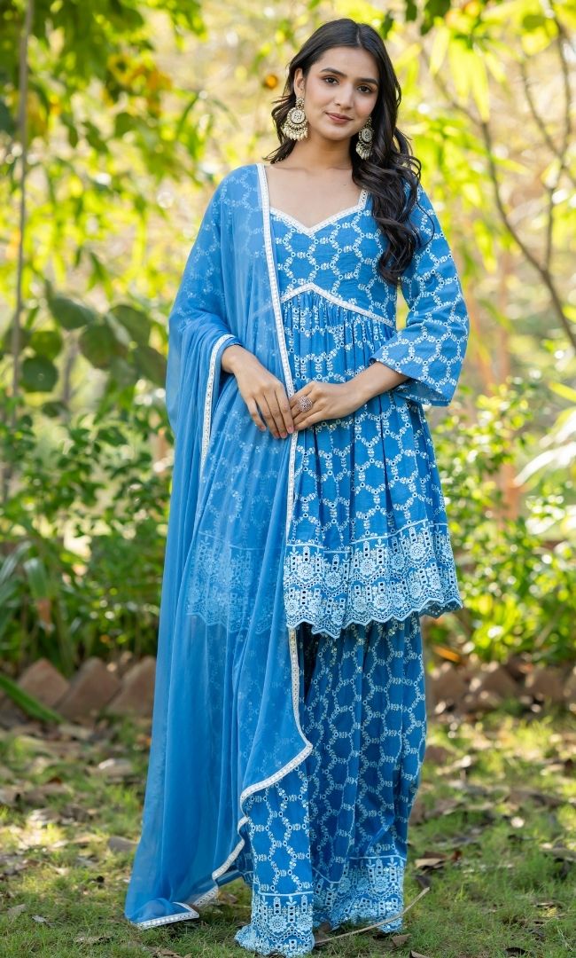 Blue Chikankari Sharara Set