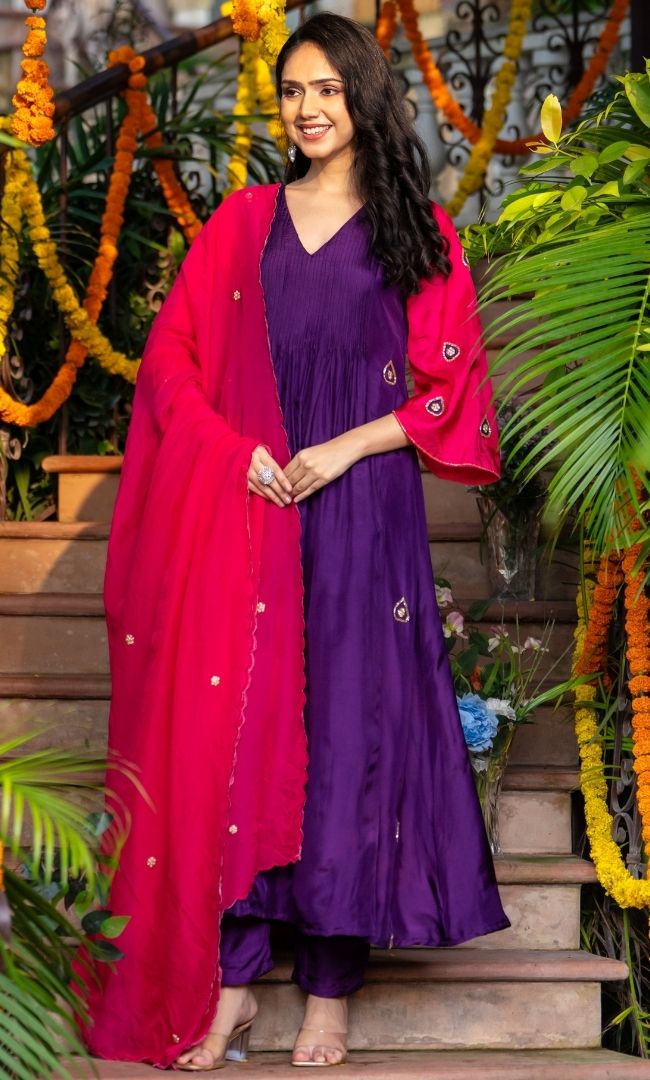 Dark Purple & Pink Embroidered Suit Set