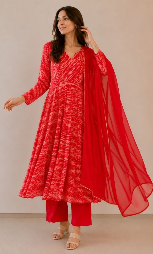 Red Striped Leheriya Anarkali Set