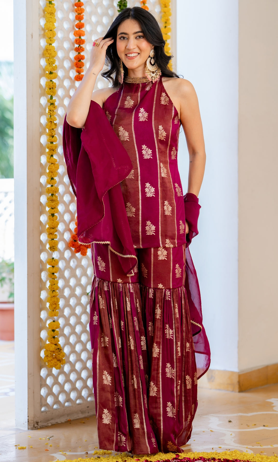 Alira Wine Brocade Sharara Set