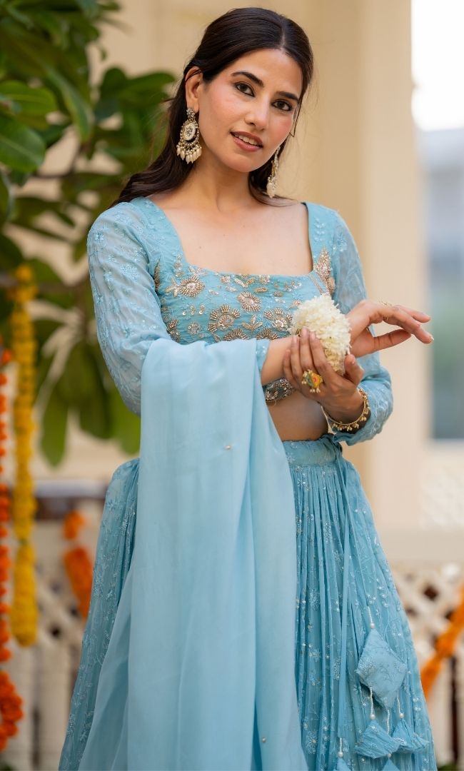 Aasmaani Blue Organza Lehenga Set