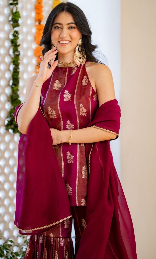 Alira Wine Brocade Sharara Set