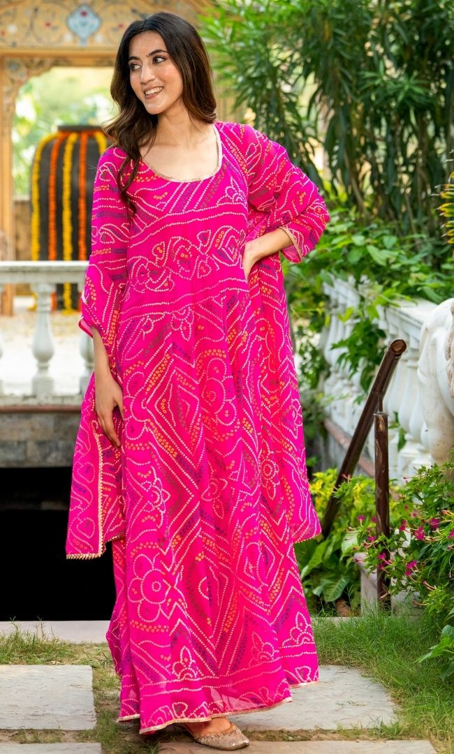 Fuchsia Pink Bandhej Anarkali Set