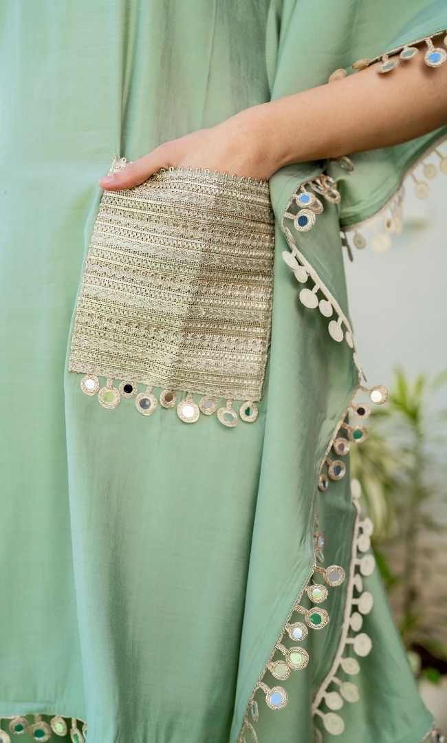 Firosa Green Mirror Work Kaftan