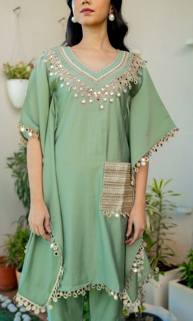 Firosa Green Mirror Work Kaftan