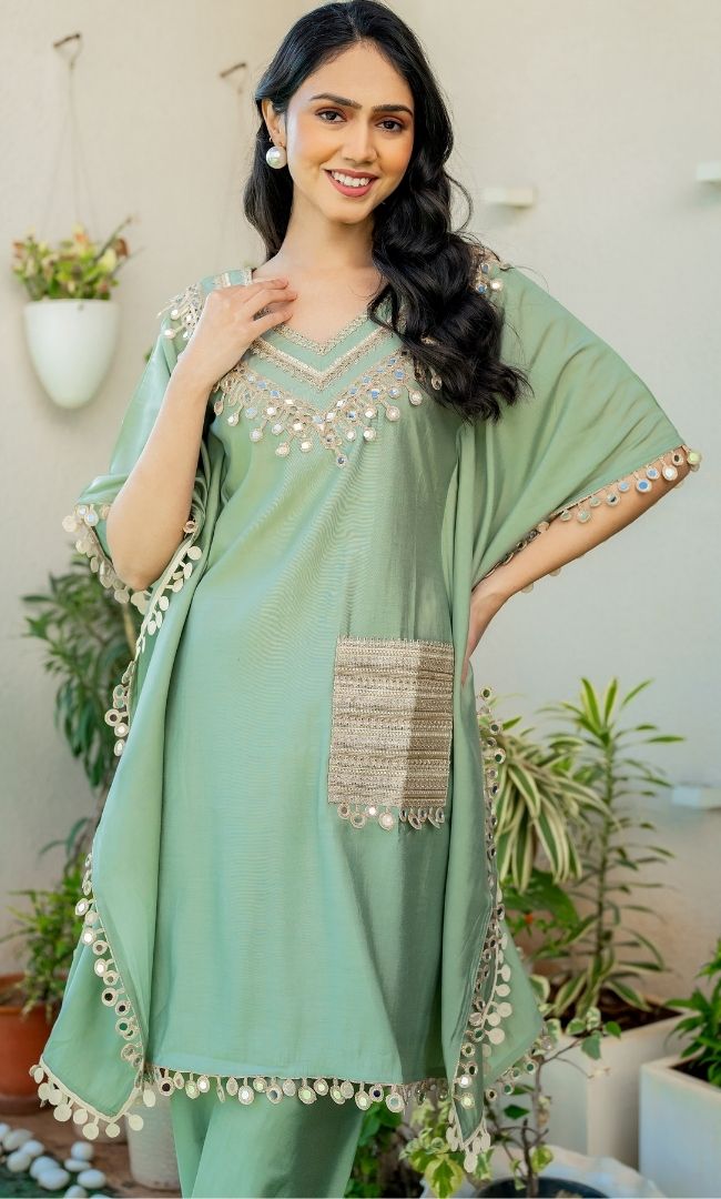 Firosa Green Mirror Work Kaftan