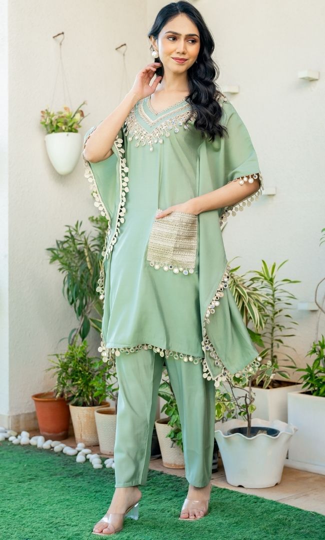Firosa Green Mirror Work Kaftan