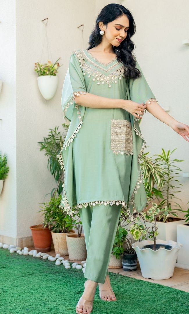 Firosa Green Mirror Work Kaftan