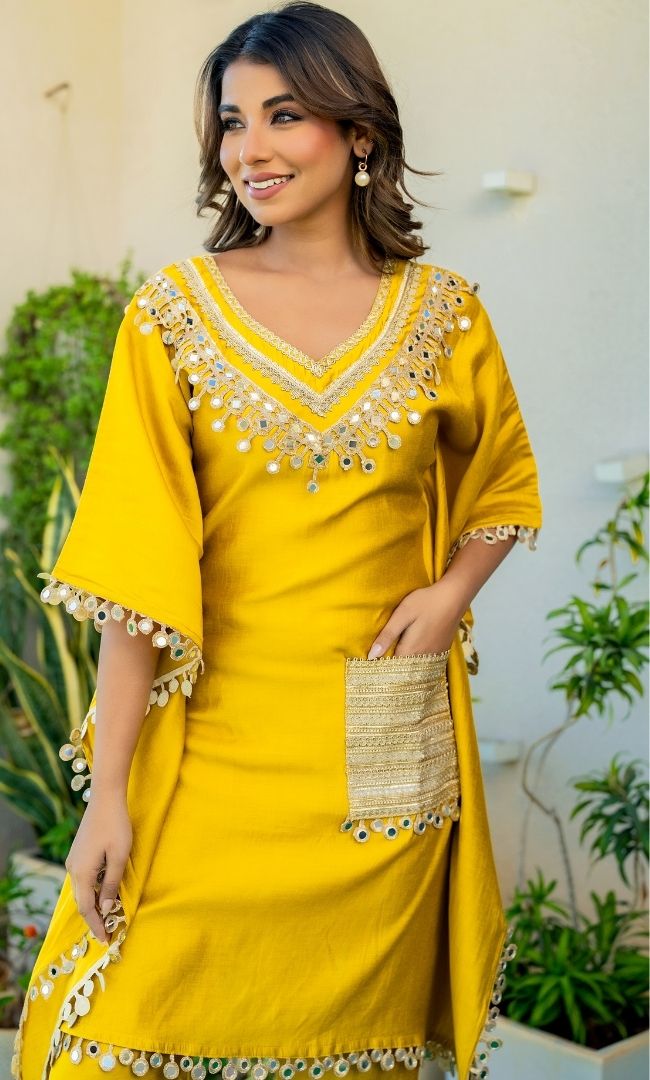 Dijon Mustard Mirror Work Kaftan