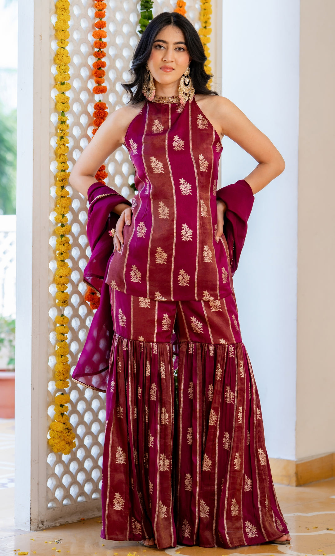 Alira Wine Brocade Sharara Set