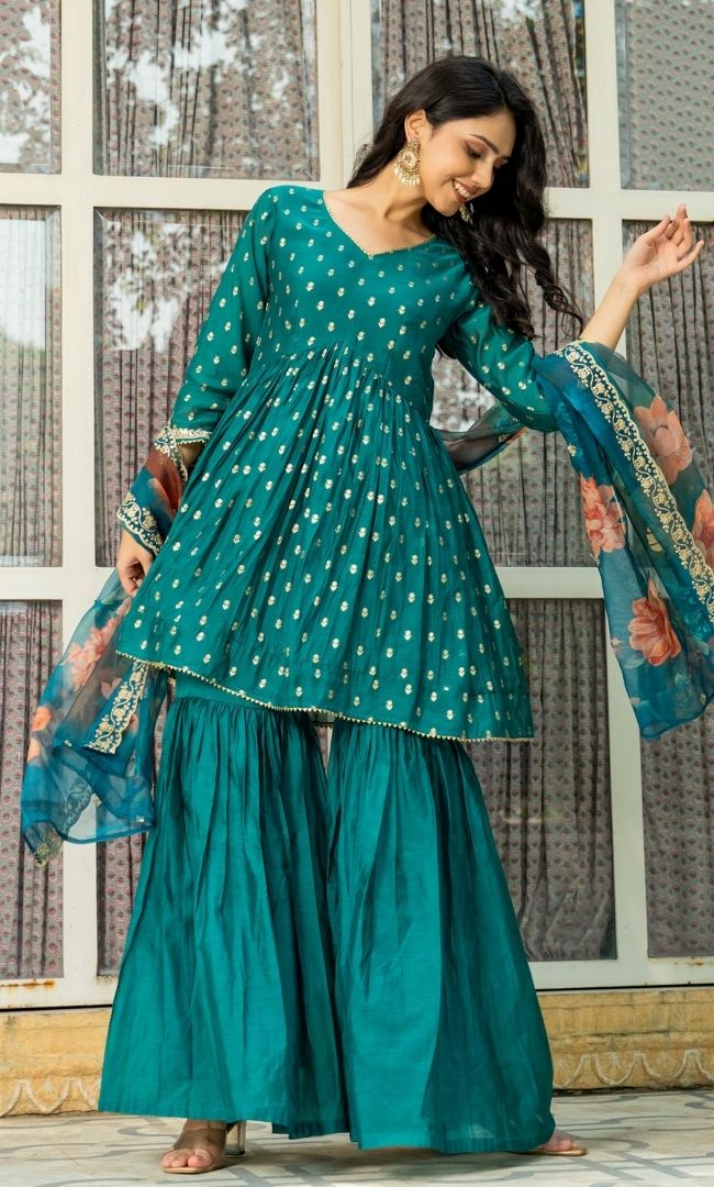 Pine Green Chanderi Sharara Set
