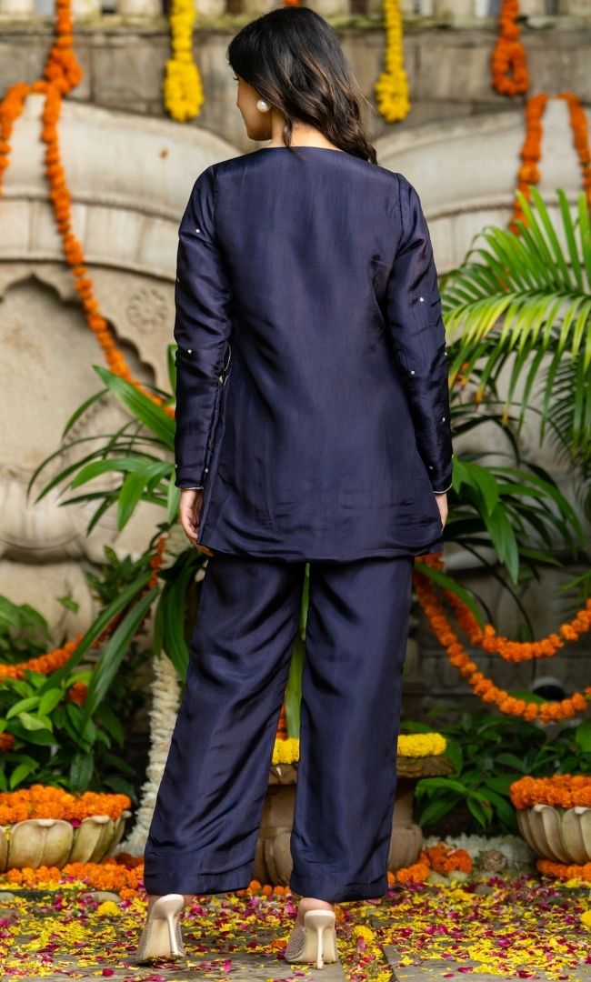True Navy Silk Jacket Set