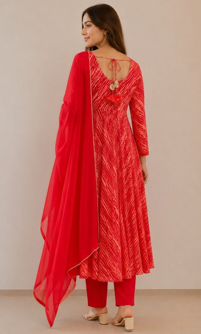 Red Striped Leheriya Anarkali Set
