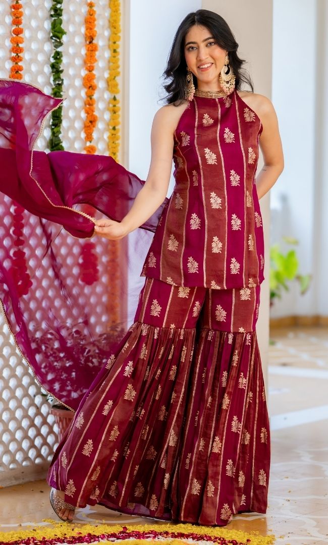 Alira Wine Brocade Sharara Set