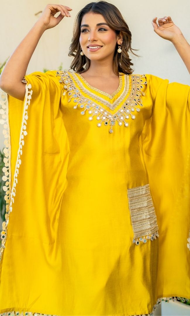 Dijon Mustard Mirror Work Kaftan