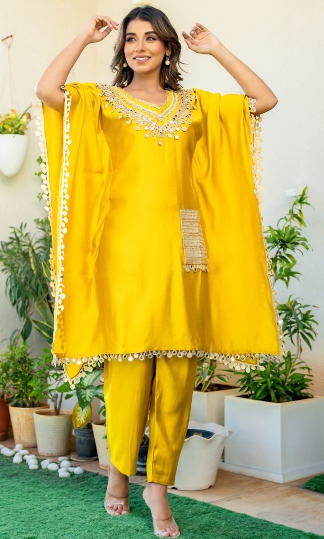 Dijon Mustard Mirror Work Kaftan
