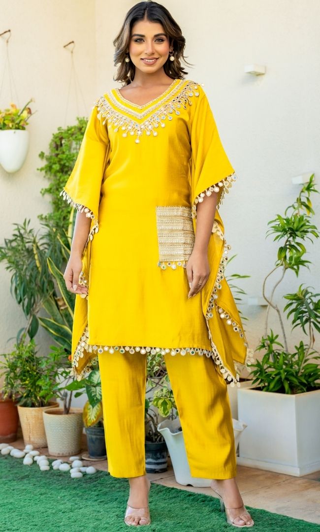 Dijon Mustard Mirror Work Kaftan
