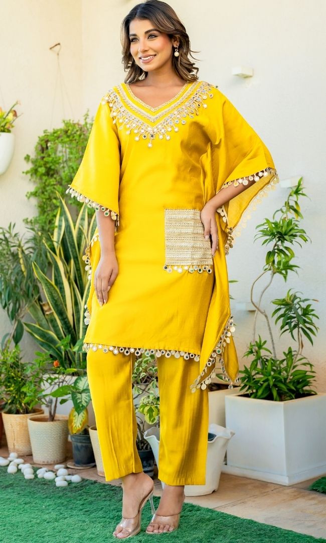 Dijon Mustard Mirror Work Kaftan